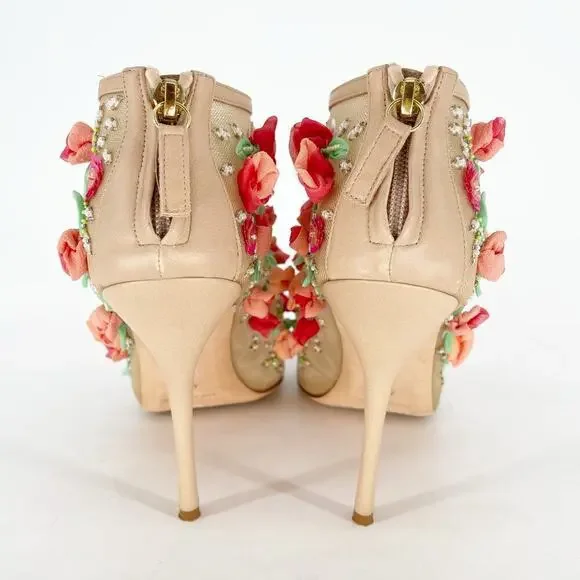 Manolo Blahnik Clizia Tan Mesh Bootie with Sequin and Floral Appliqué IT 40.5 - Picture 9 of 14